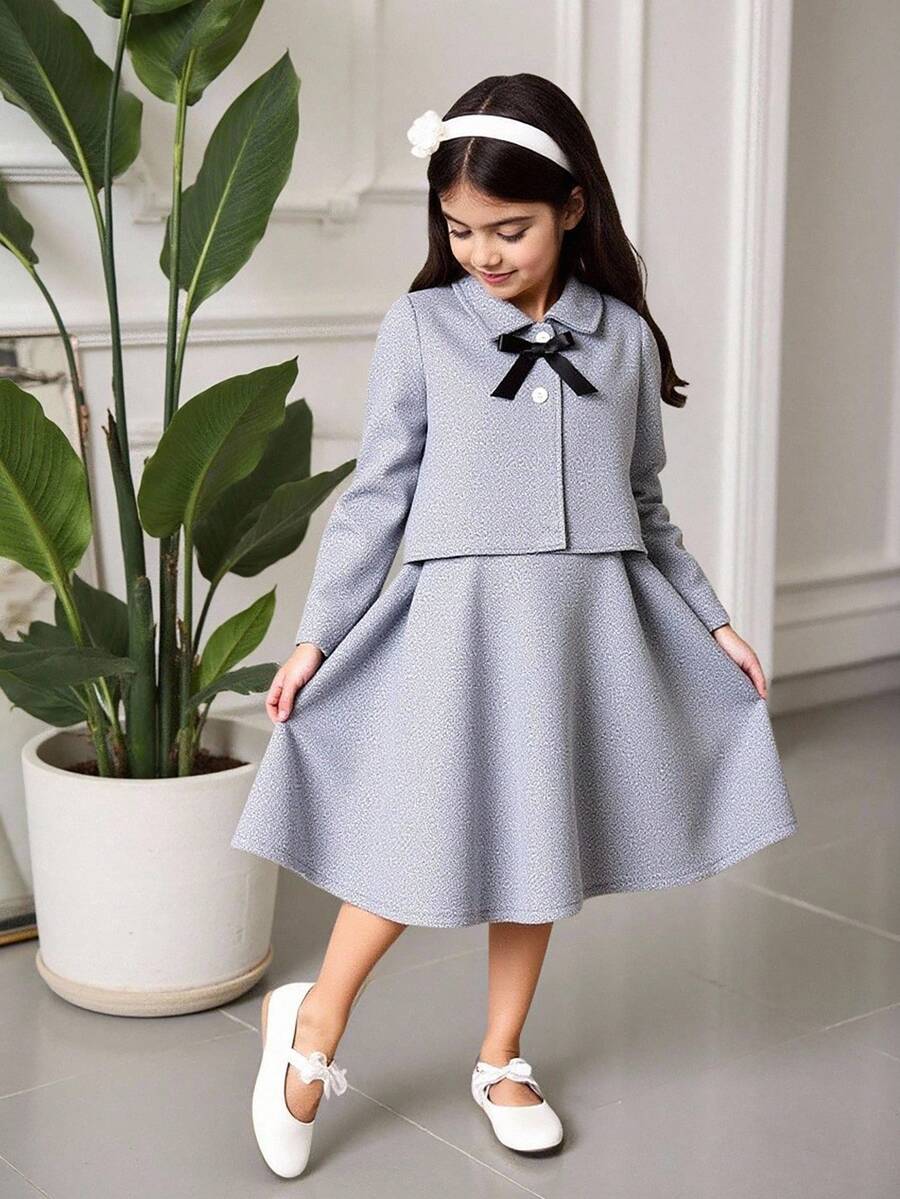 SHEIN 女童优雅灰色连衣裙外套套装，都市风秋冬款 - 灰色 - 查看 1