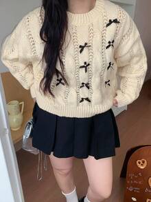 Dazy Plus 圆领针织蝴蝶结装饰长袖毛衣，大码女款，春秋季 - 杏色 - 查看 5