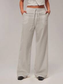 SHEIN Forever 21 Pantalones rectos y holgados con cintura elástica y cordón para mujer, nuevos de primavera para vacaciones - Albaricoque - Ver 5