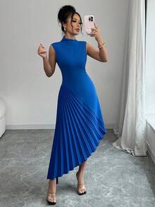 Elenzga 女士优雅时尚通勤休闲度假连衣裙，无袖不对称领腰部合身不对称褶皱下摆拼接纯色