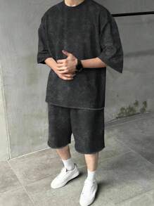 Manfinity EMRG 男士水洗卷边短袖T恤和抽绳腰短裤休闲套装