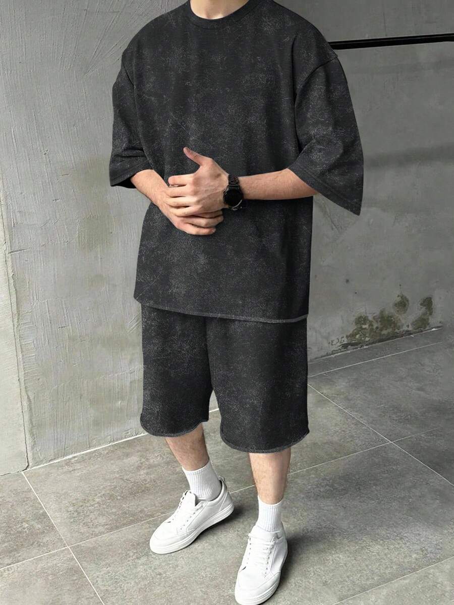 Manfinity EMRG 男士水洗卷边短袖T恤和抽绳腰短裤休闲套装