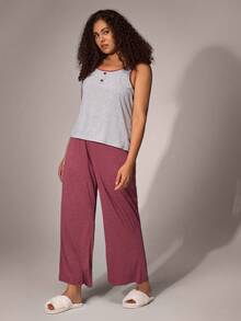 Plus Size Knitted Casual Color Block Vest & Pants Pajama Set - Multicolor - View 5