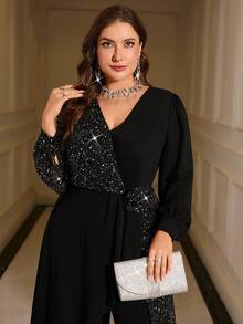 SHEIN Clasi Top à manches longues col V avec décor floral 3D, ourlet asymétrique, patchwork noir et argent métallique plissé, plus pantalon droit ajusté. Ensemble 2 pièces et élégant pour soirée, tailles grandes - Noir - Voir 3