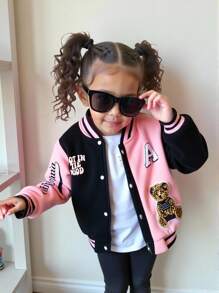 SHEIN Light Pink,Autumn,Cute,Back-To-School Baby Girl Casual Patchwork 3D Bear Chapter Varsity Jacket,Fashion Design Toddler Boy Soft Fabric Outerwear - Multicolor - View 2