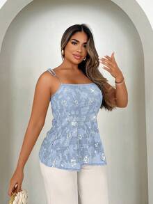 Xyvia Áo ba lỗ Jacquard chắp vá sequin mùa hè cho nữ - Màu xanh lam - Xem 4