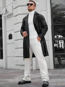 Manfinity CasualCool 男士纯色翻领长袖单排扣休闲 PU 皮革风衣，秋季 - 黑色 - 查看 5