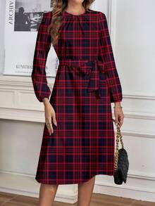 SHEIN Clasi Váy dài tay cổ tròn họa tiết kẻ caro cổ điển thanh lịch dành cho nữ, màu đỏ - Nhiều màu - Xem 3