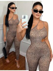 SHEIN SXY 豹纹镂空性感吊带连体裤