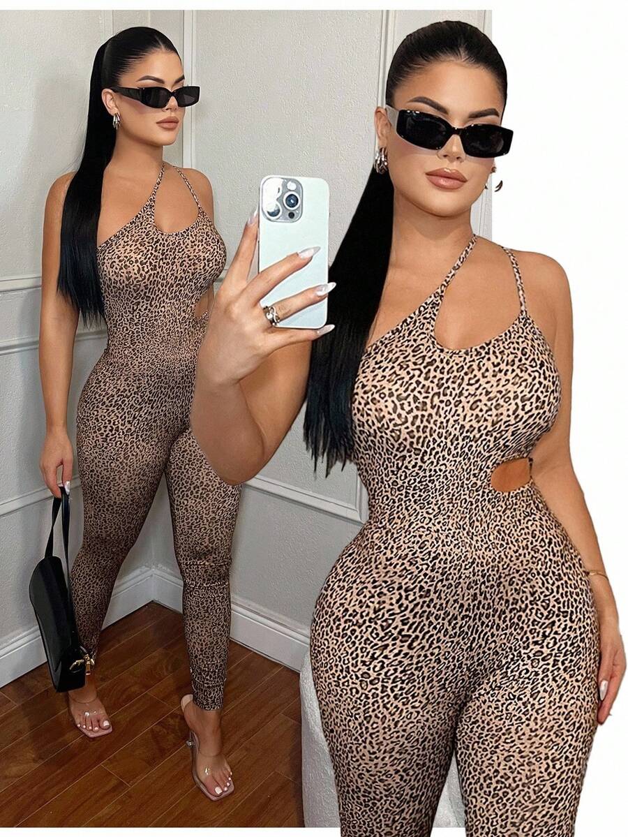 SHEIN SXY 豹纹镂空性感吊带连体裤