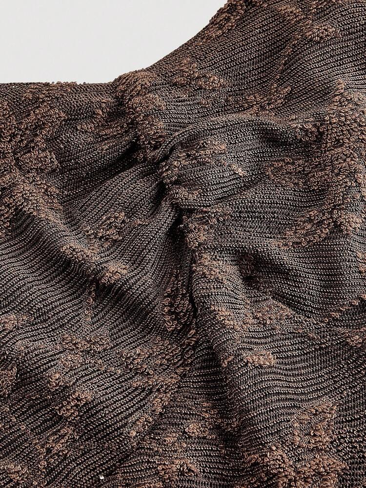 SHEIN MOD 女士咖啡棕色蕾丝提花喇叭袖短款针织连衣裙，新年女装 - 咖啡棕 - 查看 3