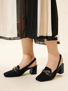 CUCCOO BASICS 女士时尚黑色针织金属扣后带粗跟方头露跟浅口鞋，适合通勤、约会、派对、度假 - 黑色 - 查看 5