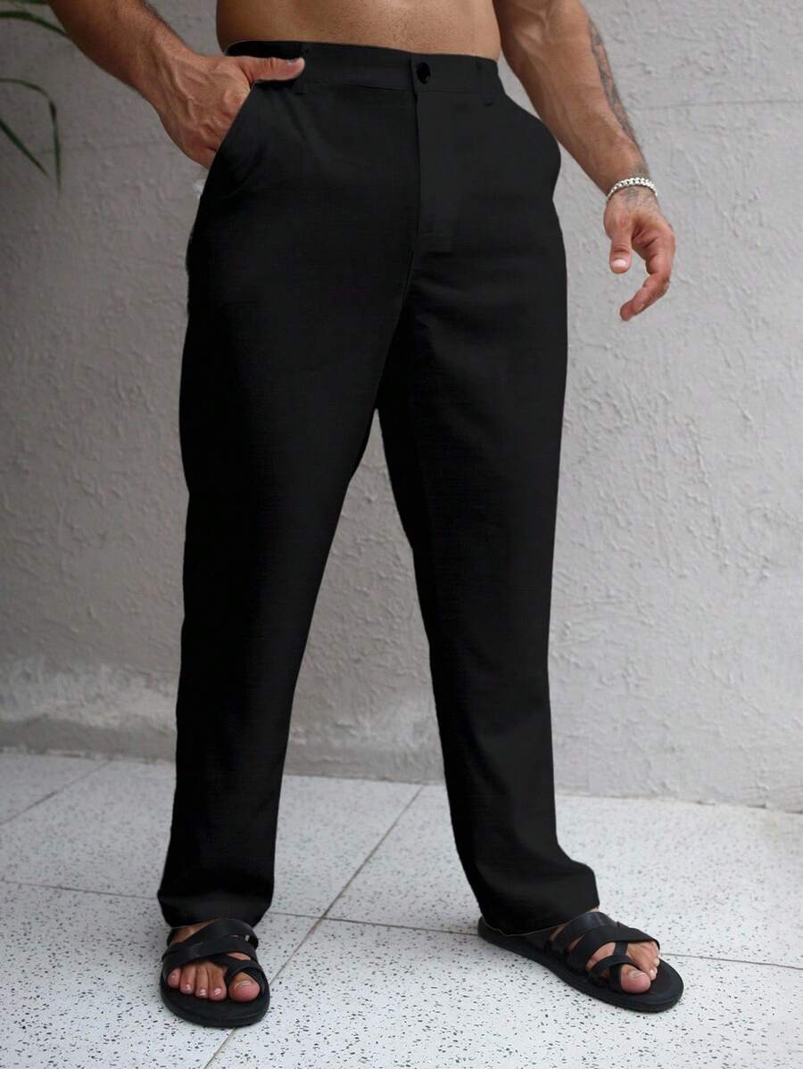 OTTIMOZO Men's Linen Textured Casual Straight Leg Pants, For Fall - Black - View 1