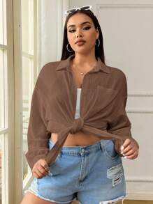 SHEIN EZwear Kemeja Wanita Ukuran Besar Kasual Warna Polos Kancing Sederhana Cokelat, Pakaian Musim Gugur untuk Wanita - Coklat - View 5