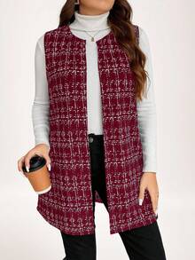 SHEIN LUNE 时尚无袖格子大码女士休闲外套秋冬返校节女士外套背心秋装衣服冬装 - 酒紅色 - 查看 4