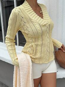 SHEIN Unity Casual Versatile Solid Color Hollow Out Knit Slim Fit Sweater Fall Winter Cloth For Women - Yellow - View 6