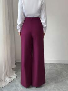 Elenzga Women's Burgundy Drapey Fabric Belted High Waist Elegant Loose Straight Leg Palazzo Pants, Professional Formal Trousers Fall Cloth For Women - Burgundy - View 2