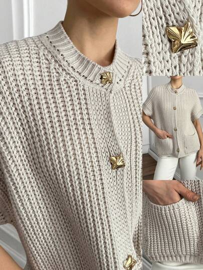 EURMUSE Damski kardigan z krótkim rękawem i kieszenią na guziki w jednolitym kolorze z przodu