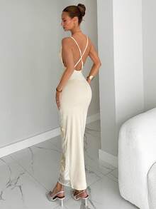 Siren Gaze New Elegant Sexy Apricot 3D Floral Plunging Neck Backless Maxi Dress,Fall Clothes For Women,Elegant Dresses For Party Summer Evening Dress - Apricot - View 3