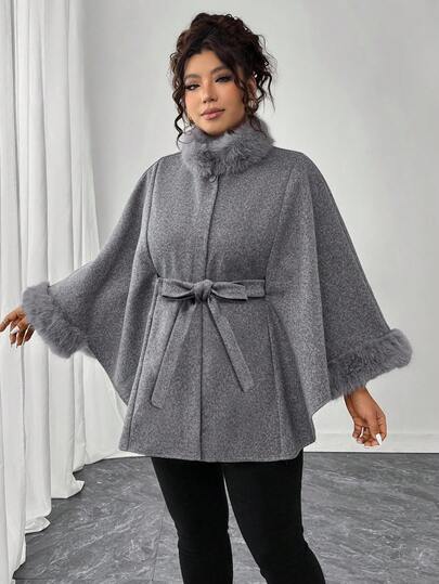 EMERY ROSE Plus Size Women's Waist Belt Faux Fur Collar Cloak Woolen Poncho Winter Fall Autumn