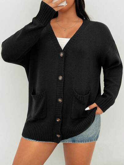 SHEIN EZwear Plus Size Casual Solid Color Double Pocket Cardigan Cardigan With Pockets V-Neck Cardigan Autumn Winter Clothes For Women