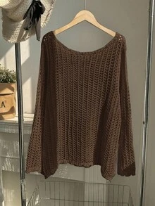 Comfortcana Plus Size Casual Solid Color Hollow Out Mesh Knit Sweater Winter Fall Autumn