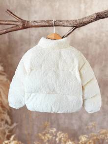 SHEIN Young Girls Casual Solid Color Cute Fluffy Jacket, Faux Shearling Cropped Padded Coat, Winter Fall - Apricot - View 5