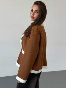 Aloruh Women's Contrast Color Collar Suedette Long Sleeve Jacket Fall Autumn, Back To School Homecoming - Khaki - View 8