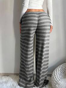 SHEIN SXY Damen bequeme, lässige, minimalistische Hose mit niedriger Taille, Kordelzug und weitem Bein, gestreifte Strickhose mit weitem Bein, Herbst