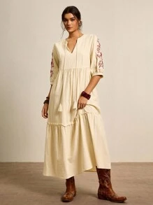 Vestido largo de mujer talla grande con estampado tropical de plantas en rosa y verde, vestido casual suelto con cuello en V y lazo, manga larga, para principios de otoño - Beis - Ver 6
