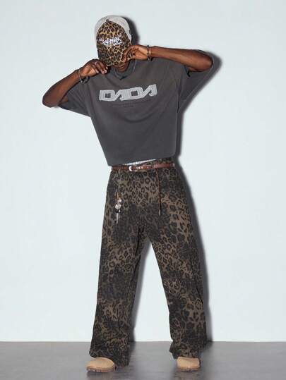  MODCRASH 男士复古豹纹牛仔宽松直筒裤，街头时尚，牛仔裤，秋冬款