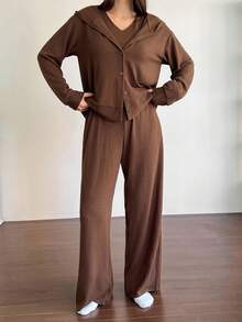 DAZY 3pcs Solid Color Comfortable Hooded Button Placket Top, Tank Top And Pants Women Lounge Set, Fall Winter Clothes - Coffee Brown - View 6