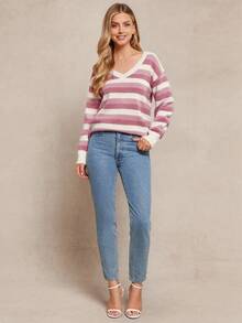Amorya Women's Contrast Color Drop Shoulder Scalloped Hem Sweater, Long Sleeve Top In Fall/Winter - Multicolor - View 3