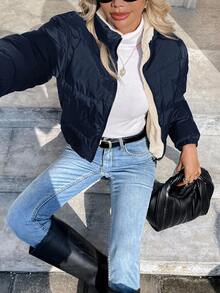 SHEIN Frenchy Women's Blue Quilted Zip-Up Short  Jacket, Winter - Navy Blue - View 6