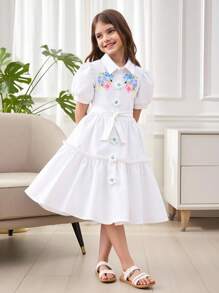 SHEIN Tween Girls' Floral Print Collar Button-Up Puff Sleeve Dress With Belt, Filipiniana Terno - White - View 9