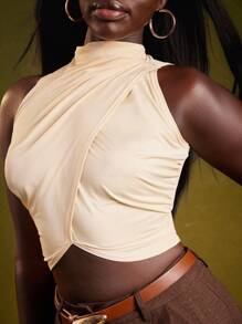 NYA SZN 交叉弹力高领露脐上衣，适合婚礼宾客、伴娘、度假、日常休闲、节日狂欢等场合。 - 杏色 - 查看 4