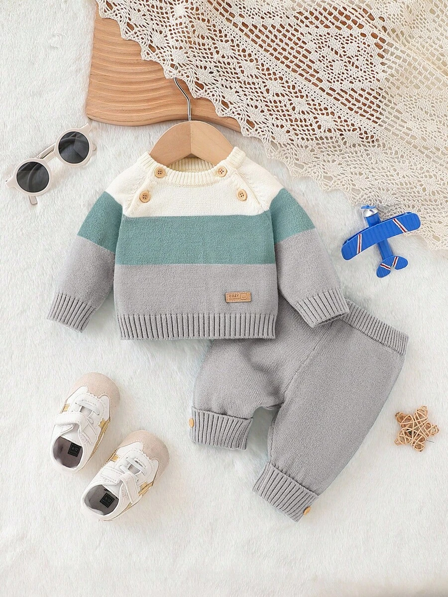 SHEIN Vintaside Kids Baby Boy Colorblock Sweater And Knit Pants Set, Autumn/Winter Fall - Light Grey - View 1