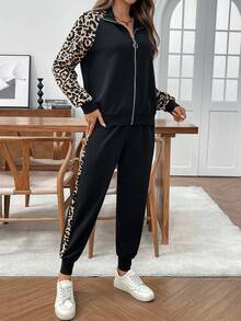 EMERY ROSE Conjunto de top de manga larga y pantalones de 2 piezas con parches de estampado sólido y de leopardo para mujer - Multicolor - Ver 4