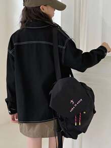 SHEIN 少女时尚休闲 Y2K 复古酷炫街头风返校学院风黑色真口袋设计牛仔翻领长袖外套，柔软舒适，适合日常穿着、秋冬季节、锐舞派对以及居家休闲。 - 黑色 - 查看 2