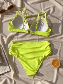 SHEIN Swim Summer Beach Ruched Push Up High Waisted Neon Bikini - Lime Green - View 2