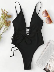Swim Basics Summer Beach Plunge Neckline Tie Front One Piece Swimsuit - Black - View 1