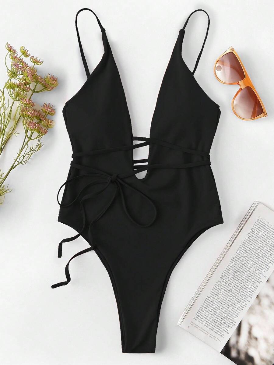 Swim Basics Summer Beach Plunge Neckline Tie Front One Piece Swimsuit - Black - View 1