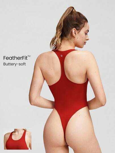 FeatherFit™ Powerhouse Round Neck Racerback Halter Thong Bodysuit