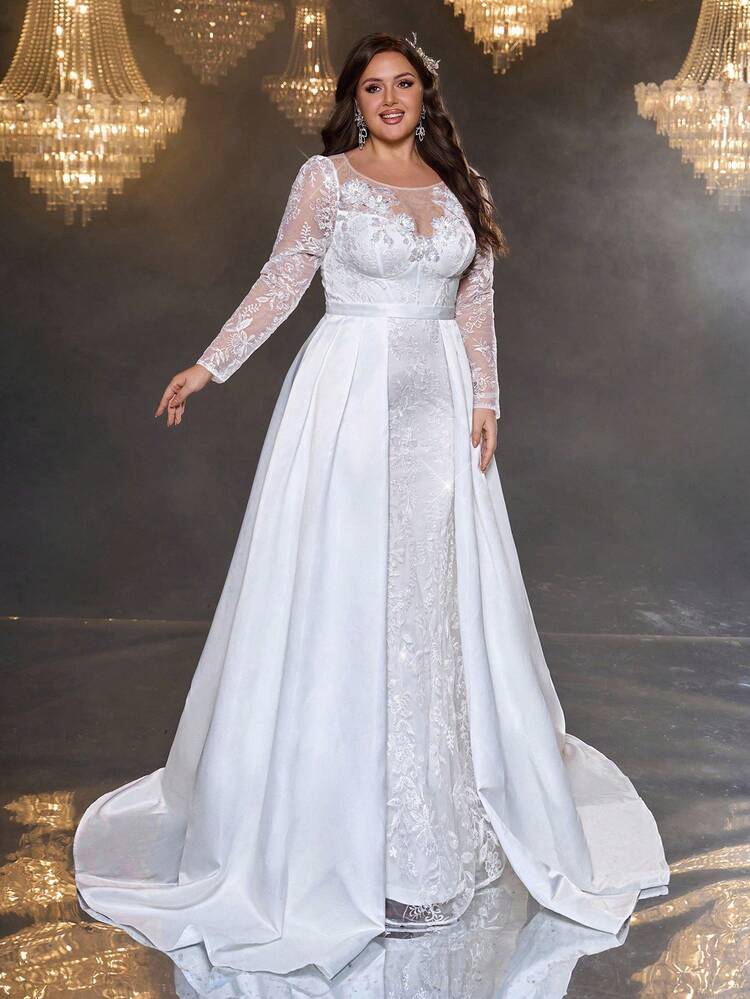 Glamrae Vestido Elegante, Romântico e Luxuoso Plus Size em Cetim Branco com Bordado de Contas, Bainha de Sereia com Cauda Destacável, Adequado para Festa à Noite, Gala, Lua de Mel, Cerimônia de Casamento, Noiva - Branco - Visão 6