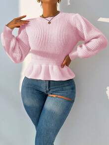 VaVaBold 女毛衣女上衣针织长袖灯笼袖白色条纹宽松友人聚会四季秋冬女装 - 粉色 - 查看 3