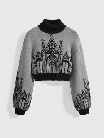 Goth Gothic Dark Halloween High Neck Castle Cross Lantern Sleeve Women Sweater