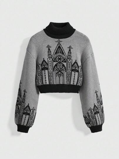 Goth Maglione da donna con collo alto, maniche a lanterna e motivo a croce del castello, in stile gotico scuro per Ognissanti