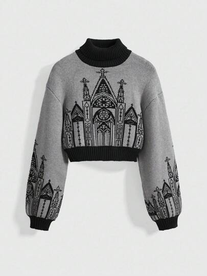 ROMWE Goth 哥特式黑暗万圣节高领城堡十字灯笼袖女式毛衣