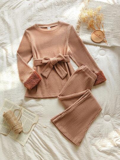 Vintaside Kids 青少年女孩卡其色优雅纯色圆领长袖针织上衣配腰带和阔腿裤套装，适合外出、休闲、上学
