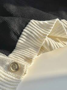 Comfortcana Cárdigan de cuello redondo con botones delanteros y ribete de contraste, talla grande para otoño/invierno - Blanco y Negro - Ver 4